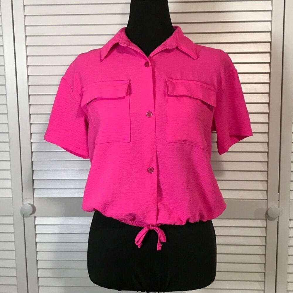 Jolie & Joy Fuchsia Pink Barbiecore Cropped Blouse Juniors L